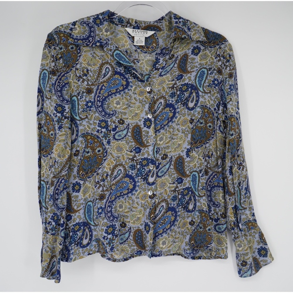 Allison Taylor Petite Blue Paisley 100% Silk Button Up Blouse Small Fairy Grunge